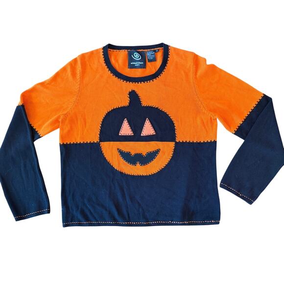 Vintage 2001 Michael Simon Event Halloween Sweater Jack O Lantern M Patchwork - Picture 1 of 6